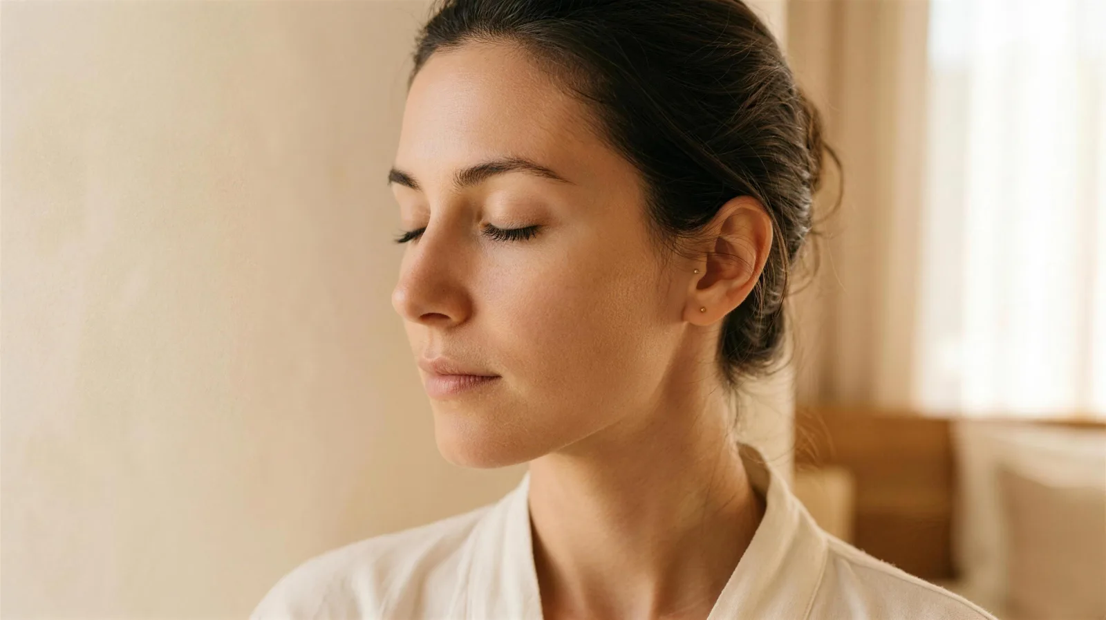 A woman resting with her eyes closed in warm, diffused light