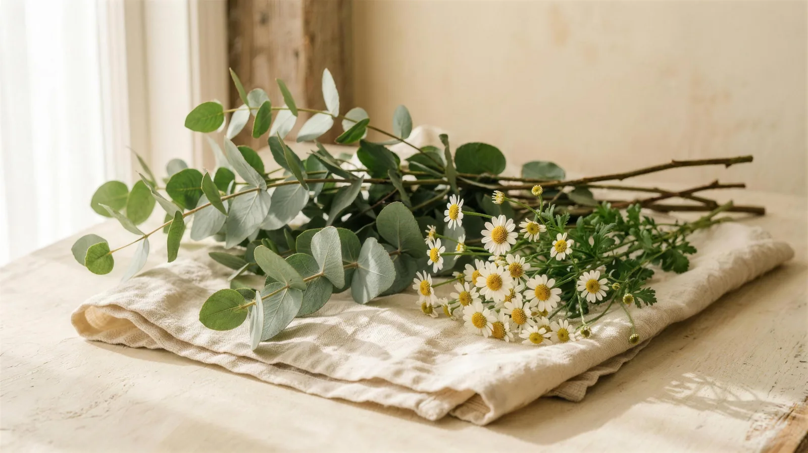 Eucalyptus and chamomile stems resting on cream linen